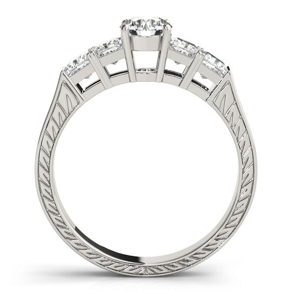 Platinum Heart Solitaire Princess Side Stone Engraved Band Prong Setting Ring
