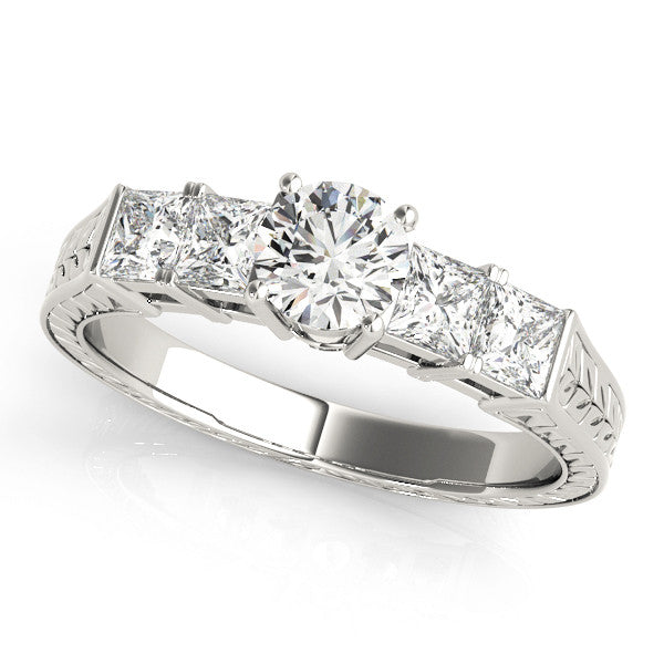 White gold Round Solitaire Princess Side Stone Engraved Band Prong Setting Ring