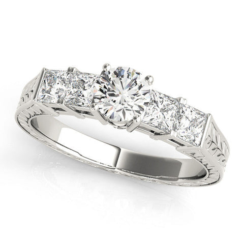 Platinum Round Solitaire Princess Side Stone Engraved Band Prong Setting Ring