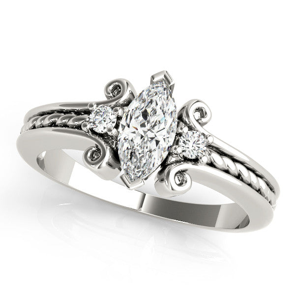 Silver Marquise Solitaire Twisted Band Scroll Prong Ring
