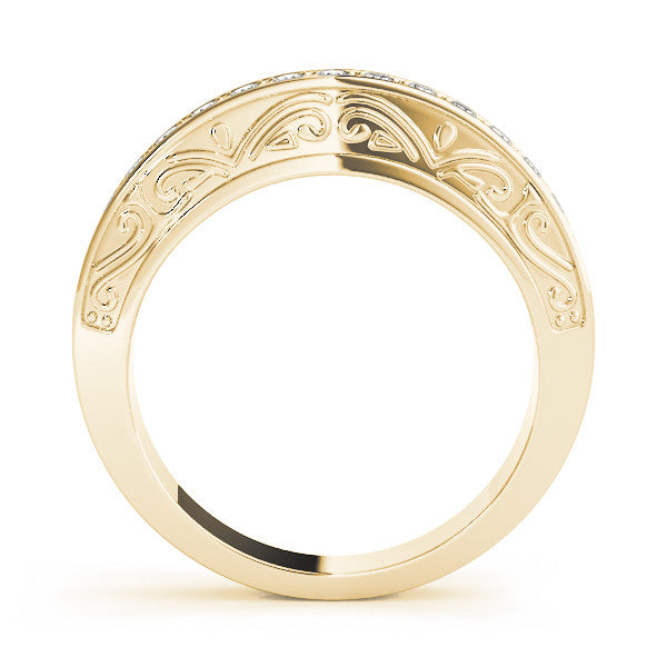 Yellow gold Channel Set Round Diamond Milgrain Engraved Band