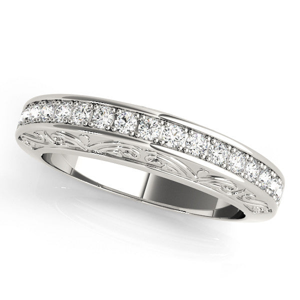 Platinum Channel Set Round Diamond Milgrain Engraved Band