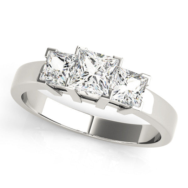 Silver Three-Stone Princess Cut Diamond Ring with Channel Band and Prong Setting