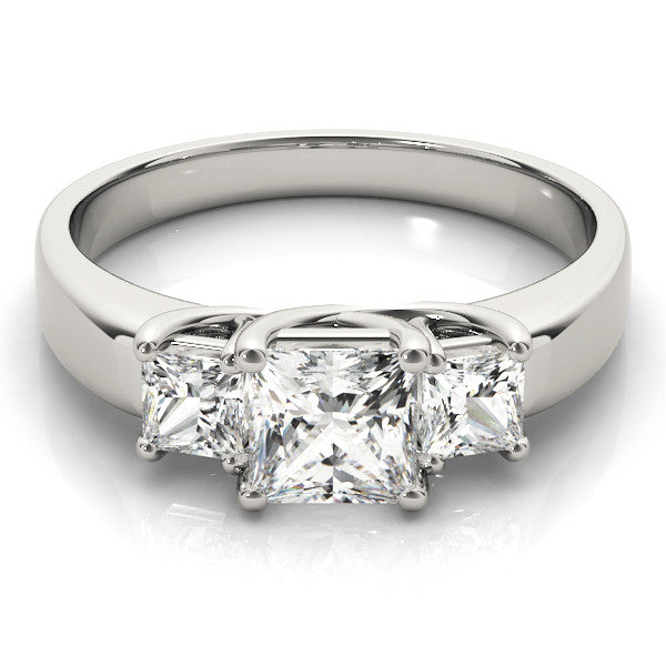 Silver Three-Stone Princess Cut Diamond Ring with Channel-Set Band and Four-Prong Setting