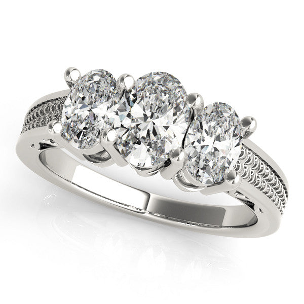 Silver Three-Stone Pear Diamond Pave Band with Prong Setting