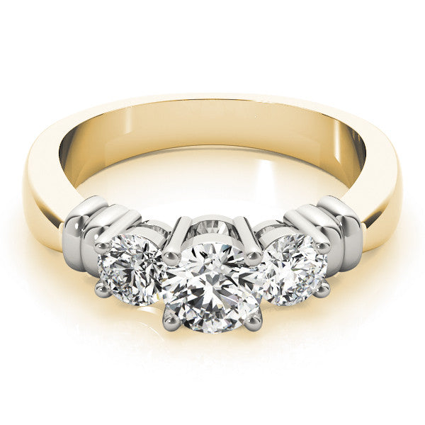 Yellow gold Three-Stone Round Cut Diamond Ring with Channel Band and Prong Setting