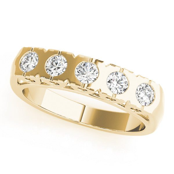 Yellow gold Channel Set Round Diamond Flat Band with Prong Setting