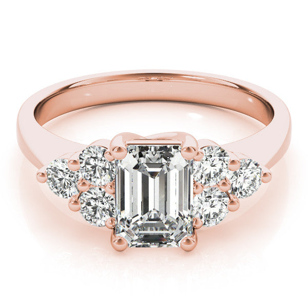 Rose gold Emerald Cut Diamond Cluster Ring with Round Accent Stones and Prong Setting on a Classic Band