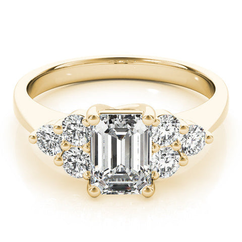 Yellow gold Emerald Cut Diamond Cluster Ring with Round Accent Stones and Prong Setting on a Classic Band