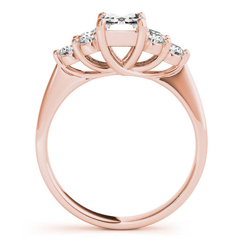 Rose gold Emerald Cut Diamond Cluster Ring with Round Accent Stones and Prong Setting on a Classic Band