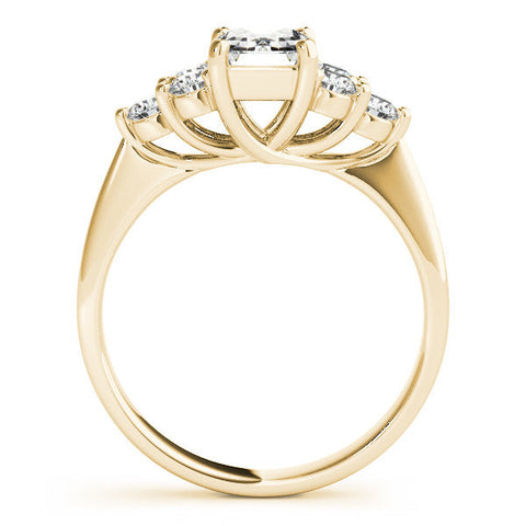 Yellow gold Emerald Cut Diamond Cluster Ring with Round Accent Stones and Prong Setting on a Classic Band