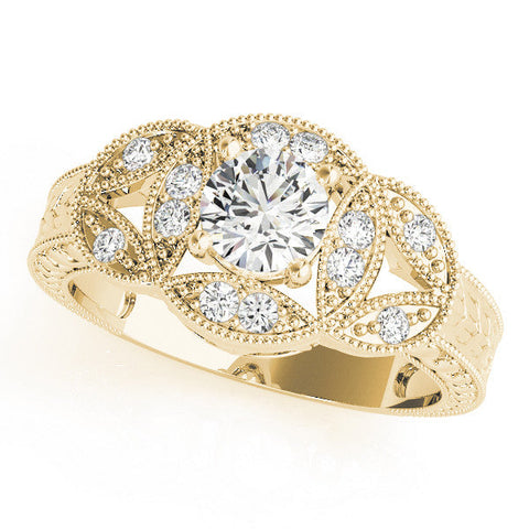 Yellow gold Round Diamond Milgrain Marquise Filigree Engagement Ring with Prong Setting