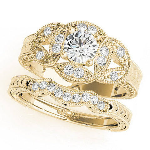 Yellow gold Princess Diamond Milgrain Marquise Filigree Engagement Ring with Prong Setting