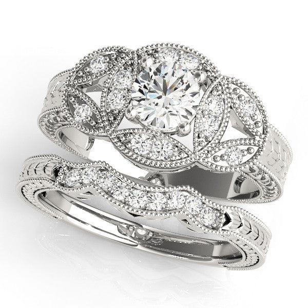Platinum Round Diamond Milgrain Marquise Filigree Engagement Ring with Prong Setting