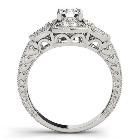 Silver Cushion Diamond Milgrain Marquise Filigree Engagement Ring with Prong Setting