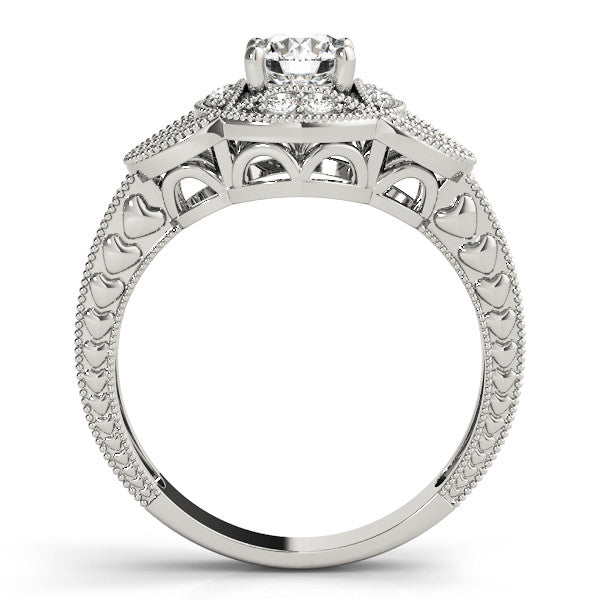 Silver Round Diamond Milgrain Marquise Filigree Engagement Ring with Prong Setting