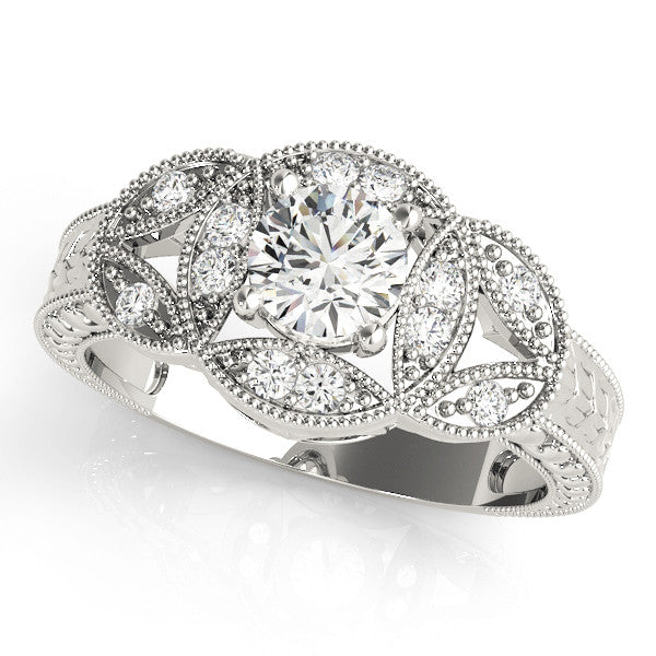 Silver Round Diamond Milgrain Marquise Filigree Engagement Ring with Prong Setting