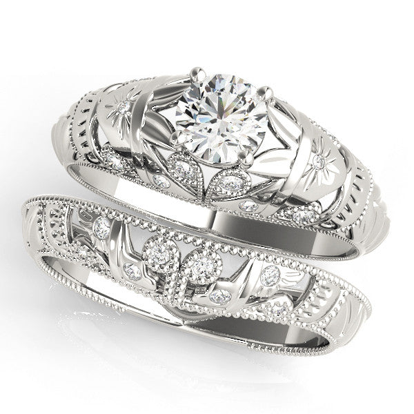 Silver Round Cut Solitaire Floral Filigree Engagement Ring with Bezel Prong Setting