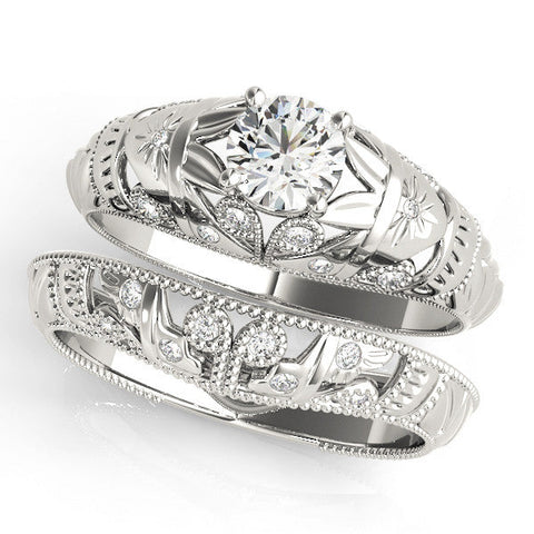 Silver Round Cut Solitaire Floral Filigree Engagement Ring with Bezel Prong Setting