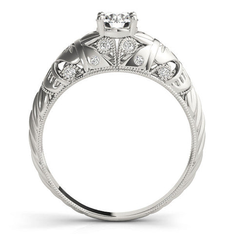 Platinum Round Cut Solitaire Floral Filigree Engagement Ring with Bezel Prong Setting