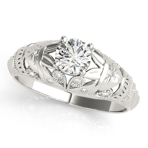 White gold Round Cut Solitaire Floral Filigree Engagement Ring with Bezel Prong Setting