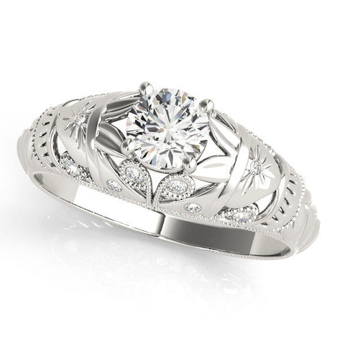 White gold Round Cut Solitaire Floral Filigree Engagement Ring with Bezel Prong Setting