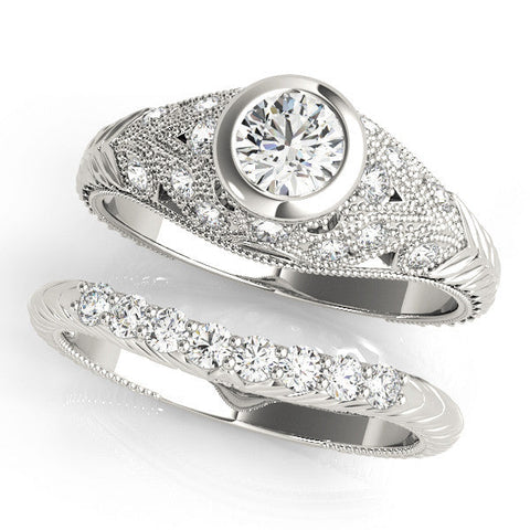 White gold Bezel Set Round Diamond Milgrain Band Ring