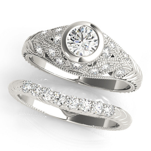 Platinum Bezel Set Round Diamond Milgrain Band Ring