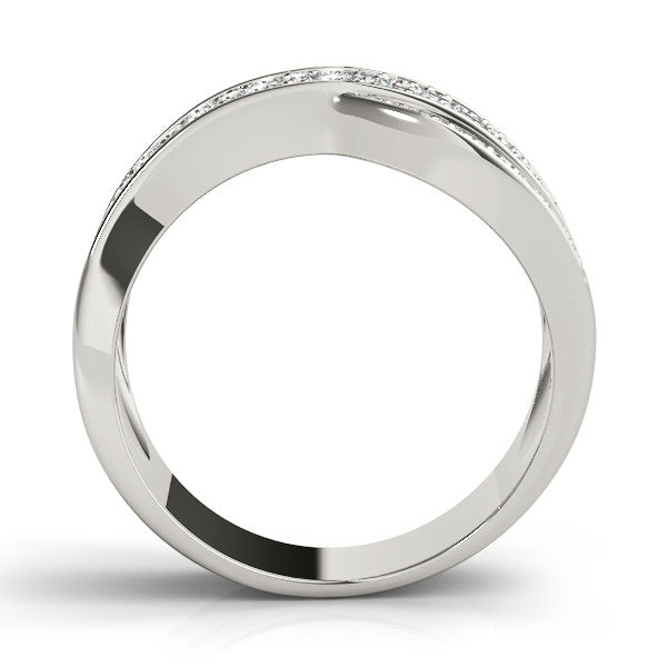 White gold Pavé Round Diamond Crossover Band with Bead Prong Setting