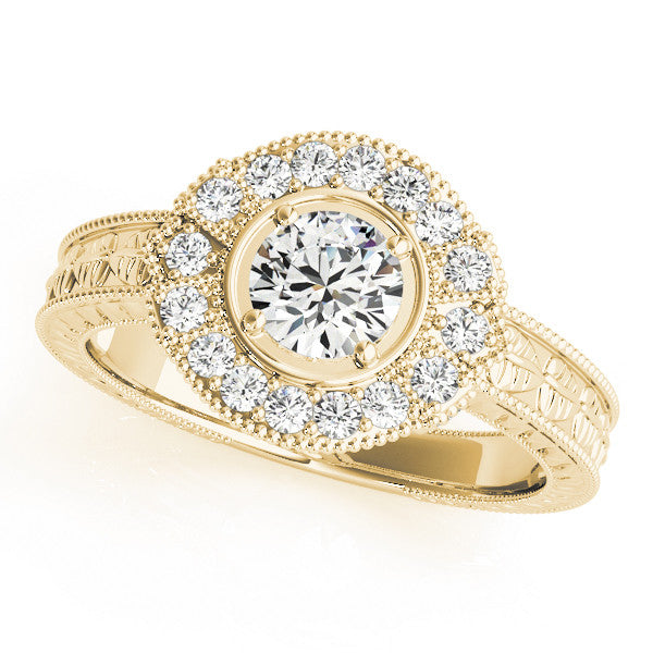 Yellow gold Cushion Halo Diamond Ring with Milgrain Bezel and Prong Setting