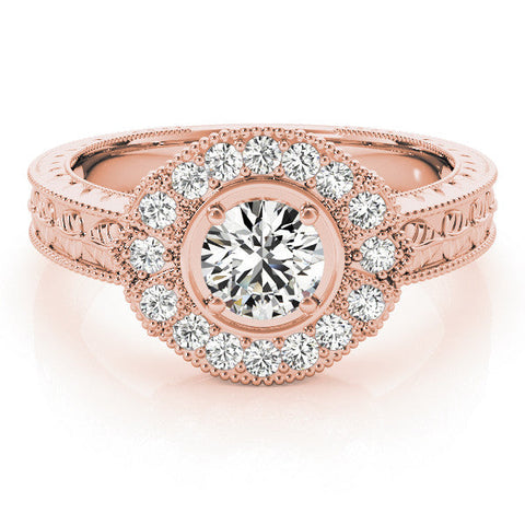 Rose gold Round Halo Diamond Ring with Milgrain Bezel and Prong Setting