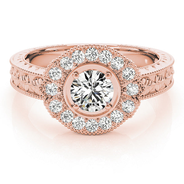 Rose gold Princess Halo Diamond Ring with Milgrain Bezel and Prong Setting