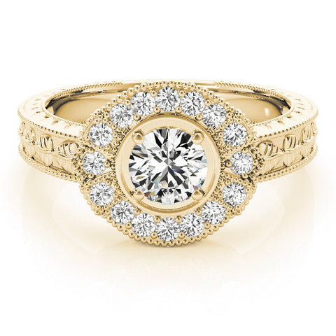 Yellow gold Round Halo Diamond Ring with Milgrain Bezel and Prong Setting