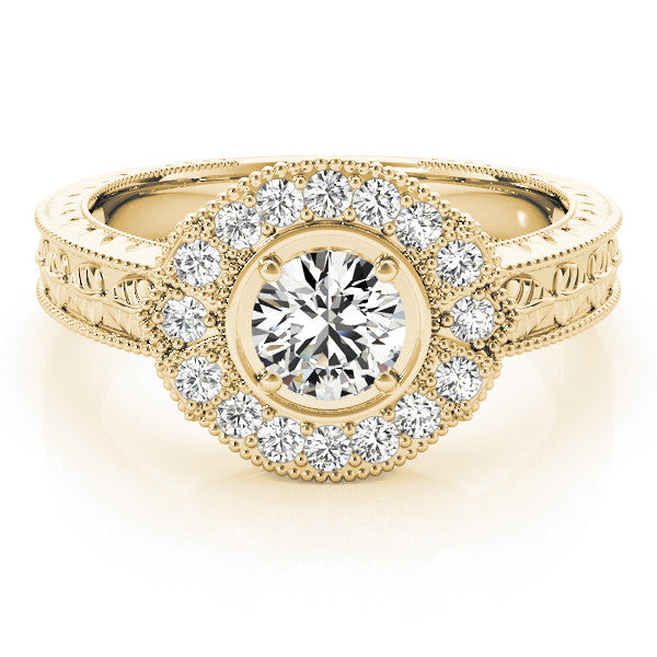Yellow gold Heart Halo Diamond Ring with Milgrain Bezel and Prong Setting