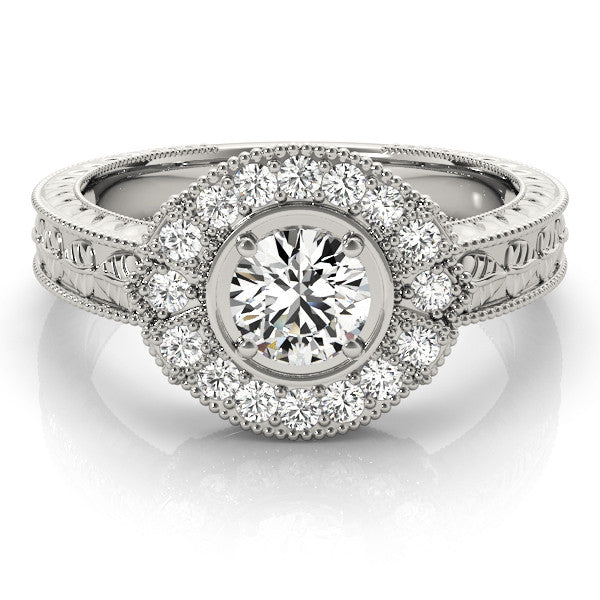 Platinum Round Halo Diamond Ring with Milgrain Bezel and Prong Setting