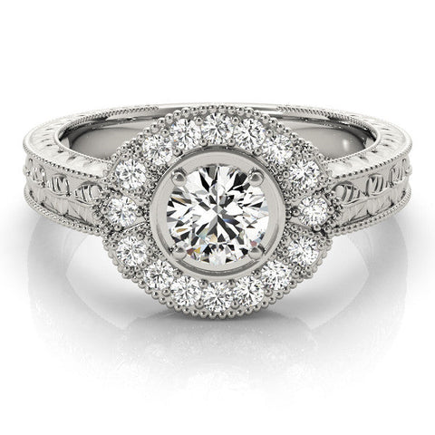 White gold Round Halo Diamond Ring with Milgrain Bezel and Prong Setting