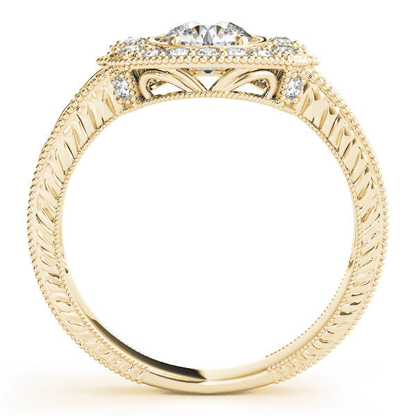 Yellow gold Round Halo Diamond Ring with Milgrain Bezel and Prong Setting