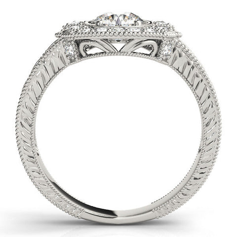 Silver Round Halo Diamond Ring with Milgrain Bezel and Prong Setting