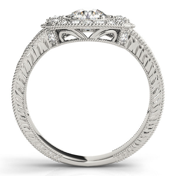 Platinum Emerald Halo Diamond Ring with Milgrain Bezel and Prong Setting