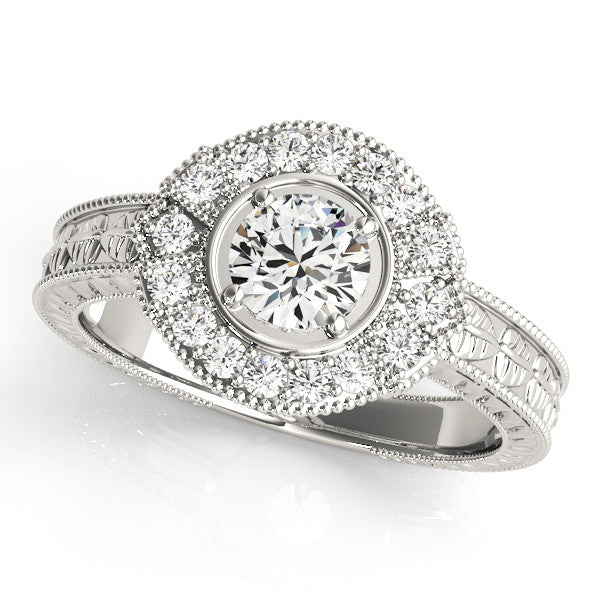 Platinum Oval Halo Diamond Ring with Milgrain Bezel and Prong Setting