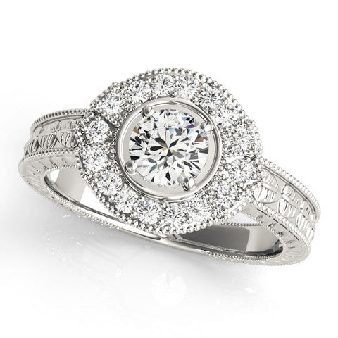 Platinum Oval Halo Diamond Ring with Milgrain Bezel and Prong Setting