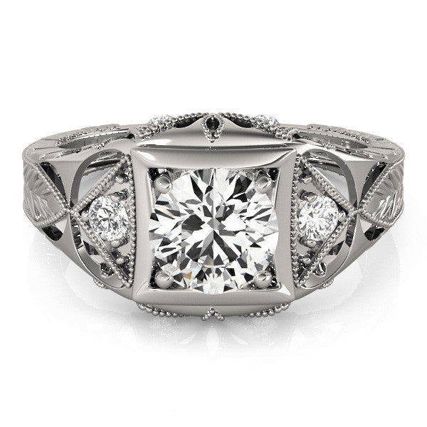 Platinum Milgrain Bezel Round-Cut Filigree Engagement Ring