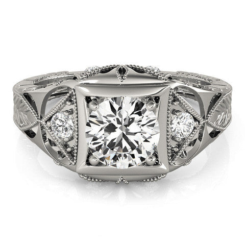 White gold Milgrain Bezel Round-Cut Filigree Engagement Ring