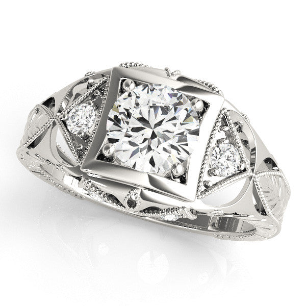 White gold Milgrain Bezel Round-Cut Filigree Engagement Ring