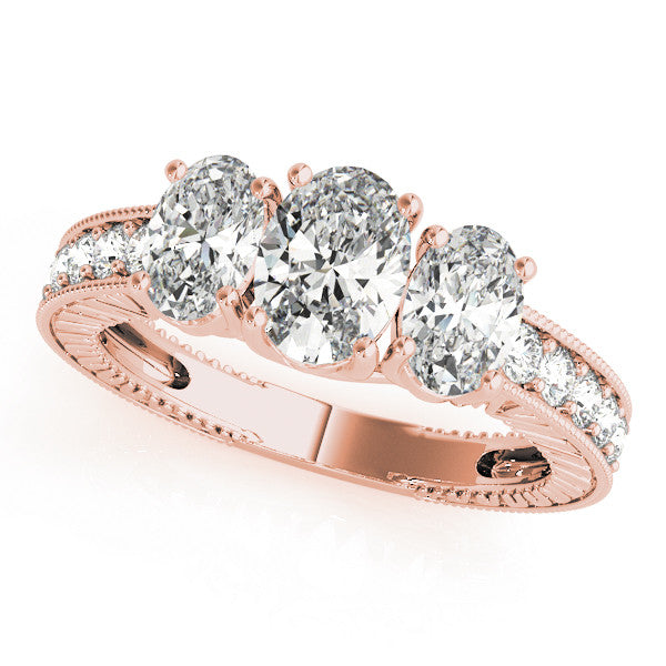 Rose gold Three-Stone Heart Diamond Milgrain Pave Band with Prong Setting