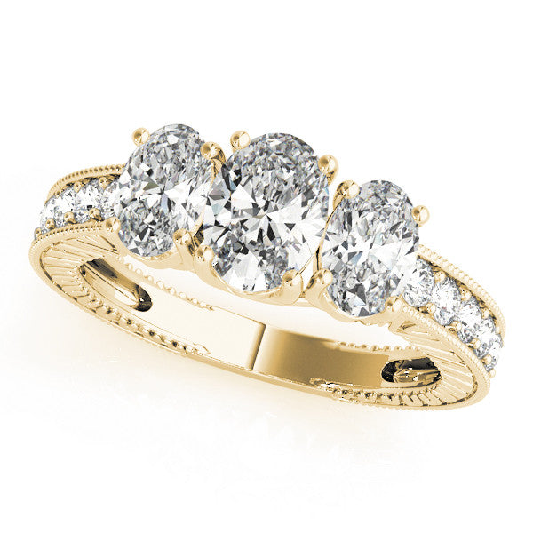 Yellow gold Three-Stone Pear Diamond Milgrain Pave Band with Prong Setting