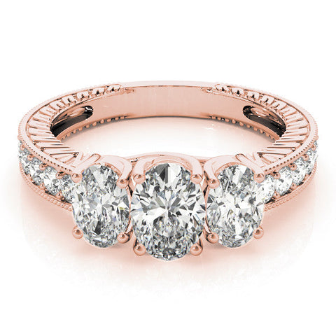 Rose gold Three-Stone Princess Diamond Milgrain Pave Band with Prong Setting