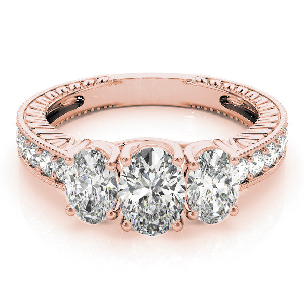 Rose gold Three-Stone Cushion Diamond Milgrain Pave Band with Prong Setting