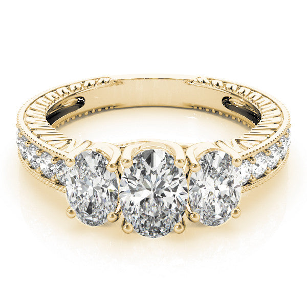 Yellow gold Three-Stone Heart Diamond Milgrain Pave Band with Prong Setting
