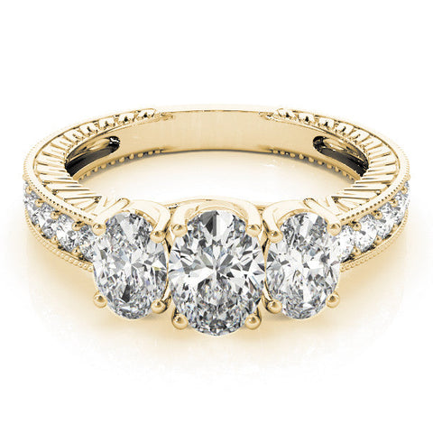Yellow gold Three-Stone Cushion Diamond Milgrain Pave Band with Prong Setting